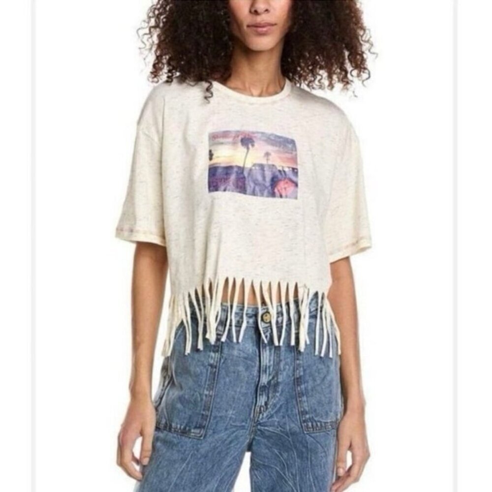 Ganni Fringe Graphic Tee Cream Speckled Short Sleeve Top Women’s Size XXS